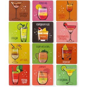 Glazen onderzetters met cocktailrecepten - decoratief - set van 12 - 9,5 x 9,5 cm - kurk