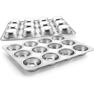 Muffinvorm, set van 2, roestvrij staal, muffinplaat voor 12 muffins, 35 x 27 cm, muffinbakvorm voor cupcakes, brownies, pudding, cake, niet giftig en gezond, oven en vaatwasmachinebestendig