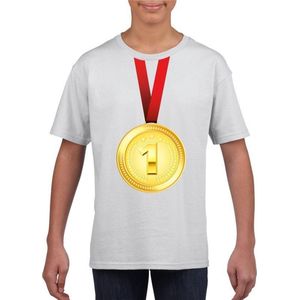 Gouden medaille kampioen shirt wit jongens en meisjes - Winnaar shirt Nr 1 kinderen 134/140