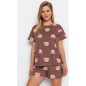 Trendyol Standaard mouw Ronde hals Bruine 100% katoenen teddybeer bedrukte T-shirt-shorts gebreide pyjama set