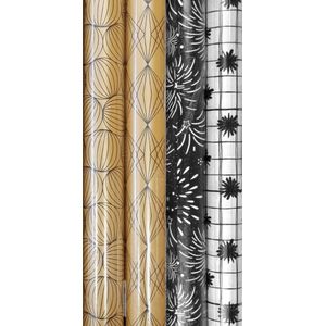 Cadeaupapier - DualElegance - (4 STUKS) – 200×70 cm – Goud & Zwart-Wit – Geometrisch, Vuurwerk & Bloem Design - Inpakpapier - Luxe - Modern - Unisex Cadeaupapier