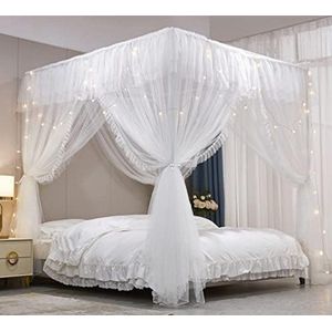 Prinsessen Hemelbed met Ruches - Vierkant Klamboe met 4 Openingen - Dubbel Laags Muskietennet - Wit - Romantisch en Zacht - Perfect voor Meisjeskamer - 150B x 210H cm