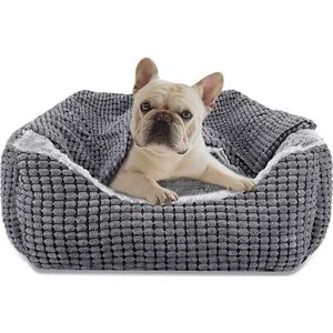 Hondenbed voor kleine honden, hondenbed met plafond, pluche hondenmand, rechthoekig huisbed, antislip, wasbaar, 51 x 48 x 15 cm, verzonden naar huis tot 9 kg
