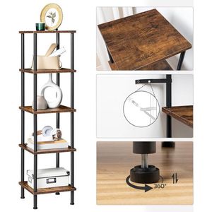 Hoge boekenkast, 5-laags boekenplank, displaystelling, metalen frame, smalle boekenkast voor woonkamer, slaapkamer, thuiskantoor, staand opbergrek, rustiek bruin en zwart EBF50CJ01