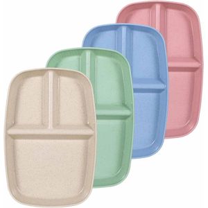 Set van 4 borden, borden met onderverdeling, platte borden, menuborden, 3 vakken, gedeelde borden, onbreekbare borden, herbruikbare campingborden voor kinderen en volwassenen
