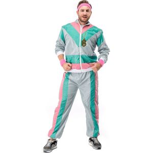 Original Replicas - Jaren 80 & 90 Kostuum - 80s Retro Trainingspak Salmon Spritz - Man - Groen, Roze, Grijs, Multicolor - Medium - Carnavalskleding - Verkleedkleding