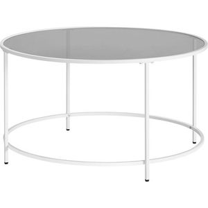 Bijzettafel Rond - salontafel - Glazen tafel met metalen frame - Nachtkastje van gehard glas - Salontafel voor balkon - Parelwit-Leigrijs stalen frame