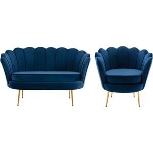 PASCAL MORABITO Set tweezitsbank en fauteuil van fluweel - Nachtblauw - DANDELION L 124 cm x H 78 cm x D 75 cm