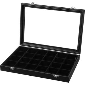 Sieradendoos - Sieradendoosje Sieradenlade - Sieradendoos met 24 vakjes - Sieraden organizer - Fluweel bekleding - Glazen deksel en sluiting - Cadeau-idee - 35 x 24 x 43 cm - Zwart JDS303