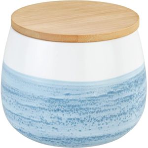 Opbergdoos Mala 1 L, hoogwaardige keramische doos in wit met aquarel decor in blauw, FSC® gecertificeerd bamboe teak met siliconen ring voor luchtdichte opslag, Ø 13 x 13,5 cm