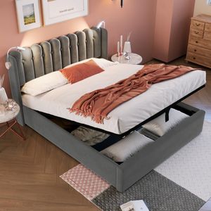 Sweiko Gestoffeerd bed Tweepersoonsbed Leeslampje met oplaadfunctie Hoofdbord Opbergruimte Bedframe Velvet Jeugdbed 160x200 met lattenrost, Grijs (Zonder matras)