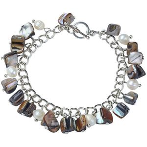 Zoetwaterparel en parelmoeren armband Pearl Grey Shell Chip - echte parels - parelmoer - wit - grijs - bedelarmband - sieraden zakje - cadeau voor haar - kerst cadeau - Moederdag cadeau