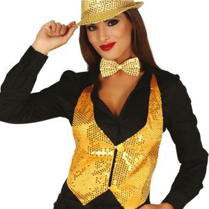 Verkleed set voor dames - gilet en vlinderstrikje - goud - pailletten - one size - carnaval