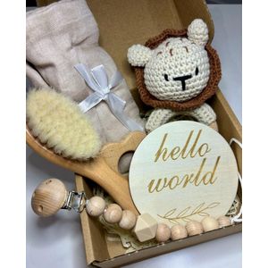 Playos® - Baby Giftset - Leeuw - Bruin - 6 delig - Kraamcadeau - Bijtring - Speenkoord - Babyshower - Geschenkset Baby - Baby Speelgoed - 0 Jaar - Geboortecadeau