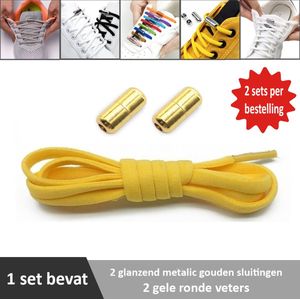 2 paar gele ronde elastische veters met glanzend metalic gouden sluitingen. Je hoeft voortaan nooit meer je veters te strikken