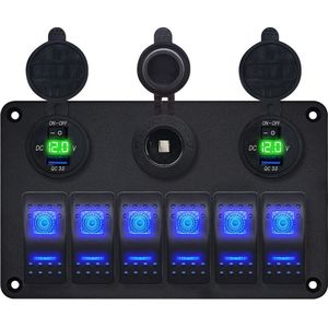 ProRide Schakelpaneel 12V voor Auto/Boot - USB Stopcontact met Schakelaar/Voltmeter - 5V/2.4A - 6 schakelaars + 12V/24V stopcontact