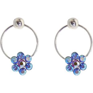Behave - Oorbellen - Rondje met Bloem - 925 Sterling Zilver - Blauw