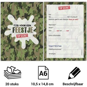 Uitnodiging kinderfeestje Camouflage - Voordeelset 20 stuks - Beschrijfbaar - Uitnodigingskaarten - Uitnodiging verjaardag - uitnodiging verjaardag feest - Uitnodiging kinderfeestje Jongen of Meisje - Camouflage