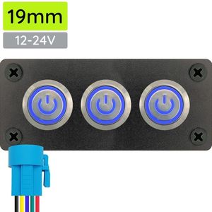ProRide Metalen drukschakelaars in Drievoudig inbouwpaneel 12-24V ON-OFF - 19mm - IP67 - LED indicatie Blauw