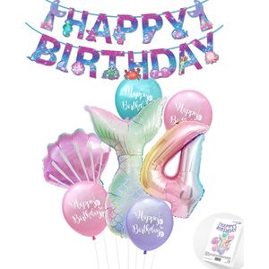 Snoes - Cijfer ballon 4 Regenboog - Zeemeermin - Plus Ballonnen Pakket - Verjaardag Slinger Mermaid