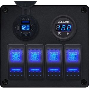 ProRide Schakelpaneel 12V voor Auto/Boot - USB C Lader 3 poorten met Voltmeter - QC3.0 - 4 Schakelaars