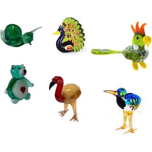 Set van 6 glazen dieren - Handgeblazen met o.a. Pauw, flamengo, beertje en slak