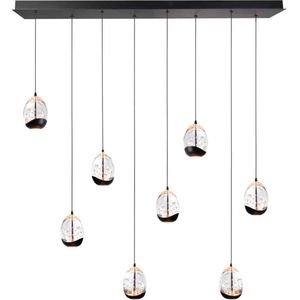 Luxe eettafellamp Clear Egg | 8 lichts | transparant / zwart | glas / metaal | plafondbalk 115 x 18 cm | 150 cm lang | eetkamer / eettafel / woonkamer lamp | modern / sfeervol / romantisch design