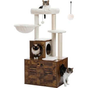 Krabpaal met kattenbak, 127 cm, moderne kattentoren met kattenbak, houten kattenbak, schelpmeubel met grote hangmat voor grote dikke katten, rustiek bruin
