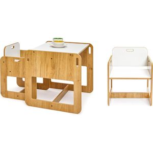 Minera Dove2 Montessori Kinderbureau Naturel- Kindertafel en 2 Stoeltjes - Montessori Kindertafel - Peuters tafel - Speeltafel voor Kinderen - Activiteiten Tafel - Zitgroep - 1 tm 5 jaar - Kindermeubels