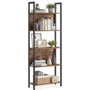 Boekenplank met 5 open schappen voor woonkamer, keuken of kantoor - Industriële stijl met stabiel stalen frame