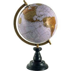 HAES DECO - Decoratieve Wereldbol met zwart houten voet - formaat 22x37cm - kleuren Paars / Bruin / Blauw - Vintage Wereldbol, Globe, Aarbol