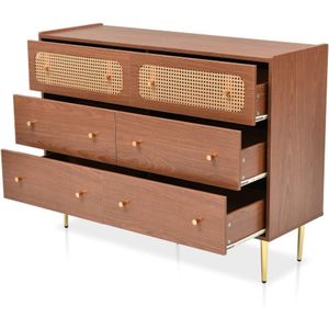 Ladekast met 6 laden, rotan dressoir voor slaapkamers en alle woonkamers, H90/B120/D40 cm, bruin