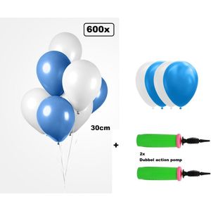 600x Luxe Ballon blauw/wit 30cm + 2x dubbel actie pomp - biologisch afbreekbaar - Oktoberfest Festival feest party verjaardag landen helium lucht thema