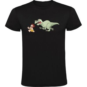 Dinosaurus rent achter holbewoner aan Dames T-shirt - dino - t-rex - geschiedenis - planeet - oermens - grappig