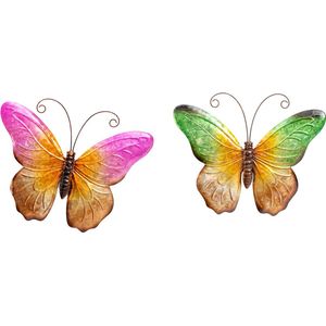 Anna Collection Wanddecoratie vlinders - 2x - groen/roze - 32 x 24 cm - metaal - muurdecoratie - tuin beelden van dieren
