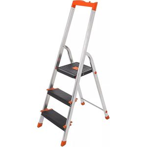 In And OutdoorMatch Ladder Arnold - Met 3 treden - Aluminium ladder - 12 cm brede treden - Met ribbels - Antislipvoetjes - Met leuning - Gereedschapsbak - Max. draagvermogen 150 kg - Getest door TV Rheinland - Zilver