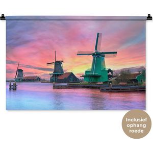 Wandkleed Landschappen Nederland - Windmolens met paarse lucht in Nederland Wandkleed katoen 90x60 cm - Wandtapijt met foto