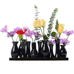 Jinfa Moderne keramische vazen voor binnen | Zwart | 30 x 6 x 11 cm | Set van 10 vazen | Decoratieve bloempotten, moderne ornamenten, cadeau, pronkstuk keramiek