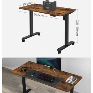 Rootz Desk - Elektrisch In Hoogte Verstelbaar Bureau - Bureau Met Geheugenfunctie - Elektrische Tafel - Dubbele Motor - Spaanplaat - Staal - Vintage Bruin-zwart - 70 x 140 x (73,5-119) cm (D x B x H)