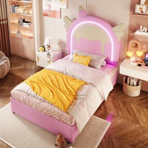 Sweiko Eenpersoonsbed - 90 x 200 cm - LED-verlichtingsstrip - 2 laden - Eenhoornvorm - Zonder matras - Roze