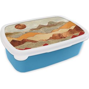 Broodtrommel Blauw - Lunchbox - Brooddoos - Vintage - Krant - Brons - Abstract - Landschap - Kleuren - 18x12x6 cm - Kinderen - Jongen