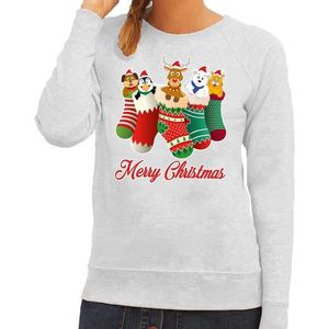 Foute Kersttrui / sweater kerstsokken met diertjes - Merry Christmas - grijs voor dames XS