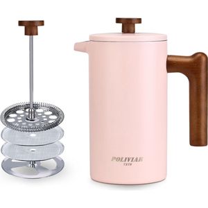 French Press koffiezetapparaat, 1 liter/8 kopjes, dubbelwandige geïsoleerde koffiepot en theekoker, handfilter, koffiepers met zuiger, houten handvat, roze