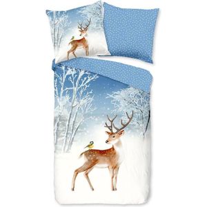 Warme Kinder Flanel Eenpersoons Dekbedovertrek Snowing Deer | 140x200/220 | Hoogwaardig En Zacht | Ideaal Tegen De Kou