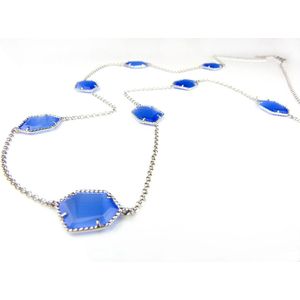 Zilveren halsketting halssnoer collier Model Hexagon gezet met blauwe stenen