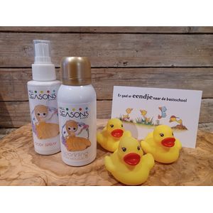 Basisschool-Kleuter-Giftset-Kado-Cadeau-Verwenpakket-Wendagen-Mijlpaal-Er gaat er eendje naar de basisschool-Kleuterschool-Groep 1-Halve dagen-Gonnie-Gijsje-Gansje-Prinses-Bad-Douche-Plezier-Bodyspray-Parfum-Bodymousse-Schoon-Fris-Huidverzorging