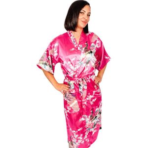 Moondrops - Kimono dames - 100% Satijn - Lang - XS/S - Badjas - Pyjama Dames - Japans - Cadeau voor vrouw - Roze