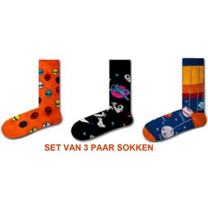 Fun sokken - set van 3 paar leuke heren sokken - ruimtevaart / aliens / planeten - maat 40 tot 46 - cadeau set