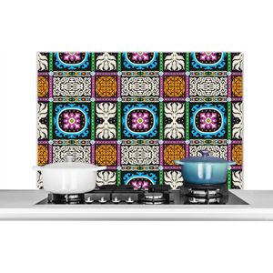 Spatscherm keuken 100x65 cm - Kookplaat achterwand Patronen - Ornament - Abstract - Blauw - Roze - Muurbeschermer - Spatwand fornuis - Hoogwaardig aluminium