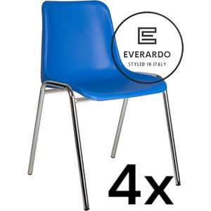 King of Chairs -set van 4- model KoC Everardo blauw met verchroomd onderstel. Kantinestoel stapelstoel kuipstoel vergaderstoel tuinstoel kantine stoel stapel kantinestoelen stapelstoelen kuipstoelen stapelbare keukenstoel Helene eetkamerstoel